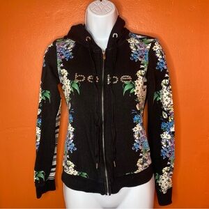 Bebe Black Floral Zip Up Long Sleeve Sweatshirt with Hood